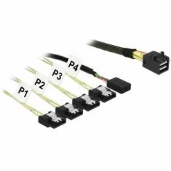 SAS Kabel DeLOCK Adapterkabel Mini SAS HD SFF-8643 > 4x SATA 7Pin (schwarz, 1 Meter, Mit Sideband)