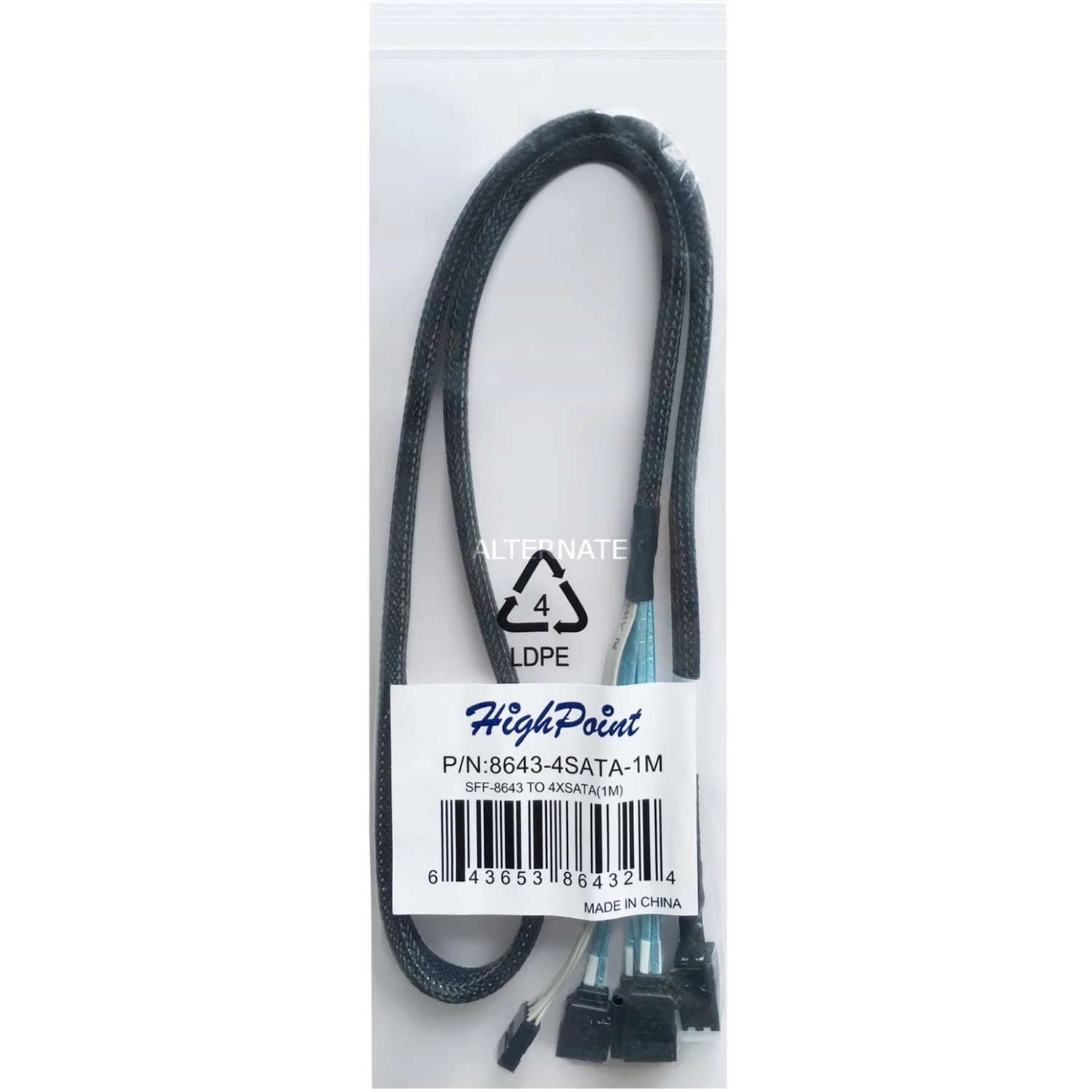 SAS Kabel HighPoint Adapterkabel 1x MSAS SFF-8643 > 4x SATA (schwarz, 1 Meter, Mit Sideband) 3 SAS Kabel HighPoint Adapterkabel 1x MSAS SFF-8643 > 4x SATA (schwarz, 1 Meter, Mit Sideband) – Bild 3