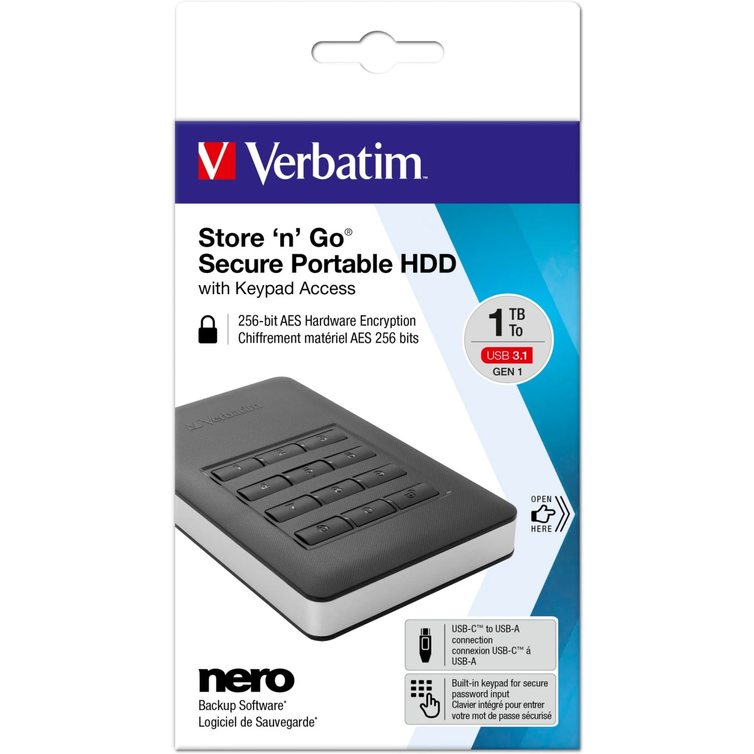 Externe Festplatten Verbatim Store 'n' Go Secure 1 TB, Externe Festplatte (schwarz/silber, USB-C 3.2 (5 Gbit/s)) – Bild 2
